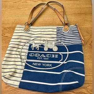 Coach Stagecoach Blue White Stripe Canvas Tote Bag